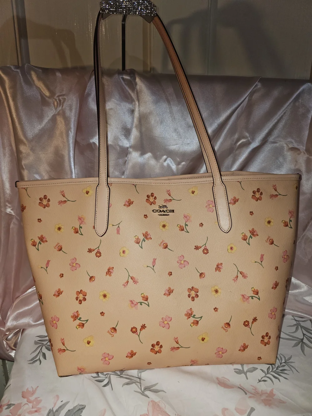 Coach Peach Floral Print Leather City Tote -
